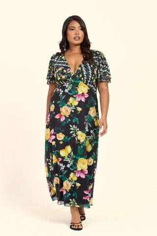 Curve Mixed Lemon Print Flutter Sleeve V Neck Midi Dress