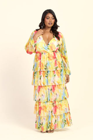 Curve Floral Print Ruffle Balloon Sleeve Maxi Dress