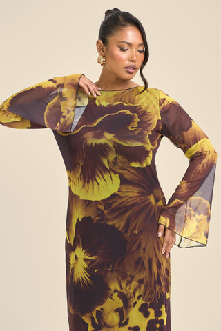 Curve Flare Sleeve Bold Floral Mesh Maxi Dress