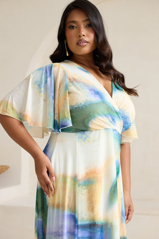 Curve Abstract Print Angel Sleeve Wrap Front Maxi Dress