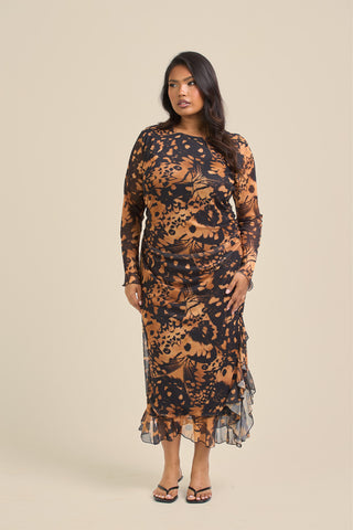 Curve Abstract Print Ruffle Hem Midi Midi Dress