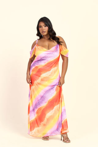 Curve Cold Shoulder Ombre Marble Print Maxi Dress