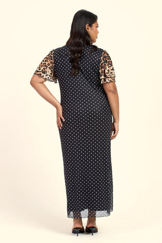 Curve Mixed Leopard And Polka Dot Print Flutter Sleeve V Neck Midi Dress