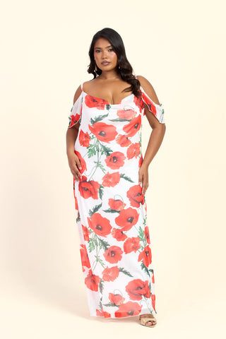 Curve Cold Shoulder Poppy Print Strappy Maxi Dress