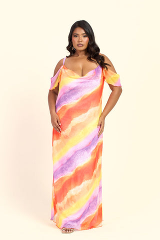 Curve Cold Shoulder Ombre Marble Print Maxi Dress
