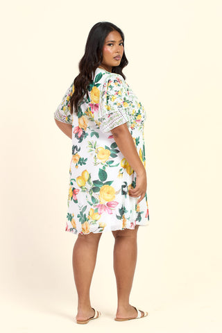 Curve Mixed Lemon Print Flutter Sleeve Mini Skater Dress