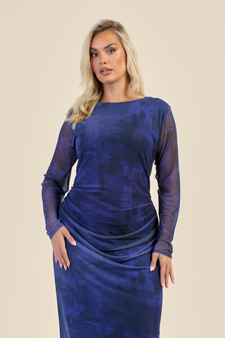 Curve Navy Abstract Ruched Mesh Midaxi Dress