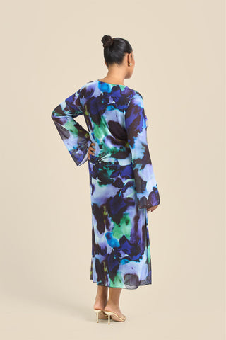 Curve Flare Sleeve Round Neck Printed Mesh Dress