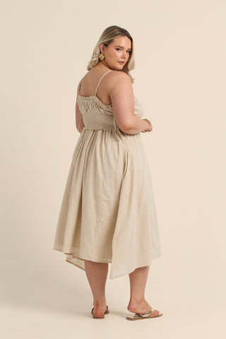 Curve Shirred Waist Linen Look Midi Dress