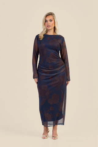 Curve Long Sleeve Ruched Midaxi Dress In Floral Print