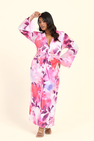 Curve Floral Twist Front Plunge Flare Sleeved Midi Dress
