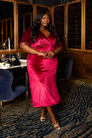 Curve flutter sleeve wrap velvet Burgundy midi dress
