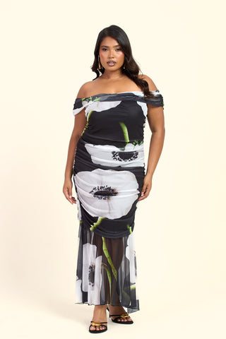 Curve Bold Floral Print Bardot Ruched Midi Dress