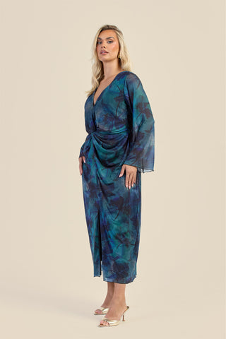 Curve Teal Floral Twist Front Mesh Midi Dress