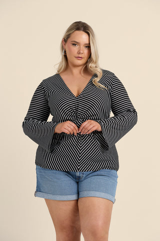 Curve Monochrome Knitted Stripe Twist Front Flare Sleeve Top