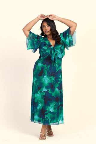 Curve Floral Green Abstract Tie Front Flutter Sleeve Midi Dress