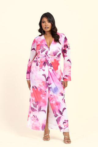 Curve Floral Twist Front Plunge Flare Sleeved Midi Dress