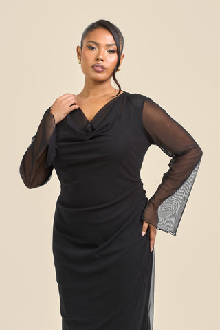 Curve Cowl Neck Long Sleeve Mesh Maxi Dress