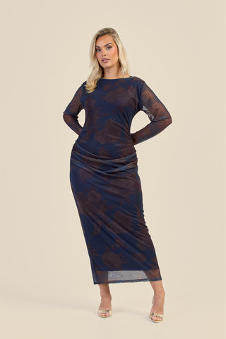 Curve Long Sleeve Ruched Midaxi Dress In Floral Print