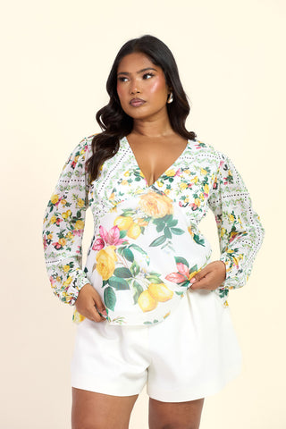 Curve Mixed Lemon Print Balloon Sleeve Blouse