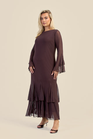 Curve Godet Skirt Flare Sleeve Mesh Maxi Dress