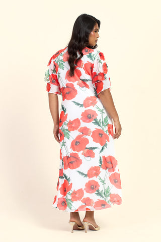 Curve Poppy Print Flutter Sleeve Tie Front V Neck Midi Dress