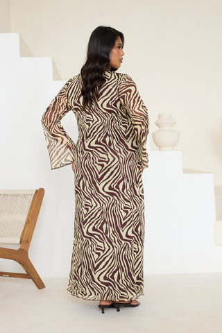 Curve Zebra Print Ring Detail Buttermilk Flare Sleeve Midi Dress