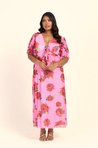 Curve Bold Floral Flutter Sleeve Tie Front Midi Dress
