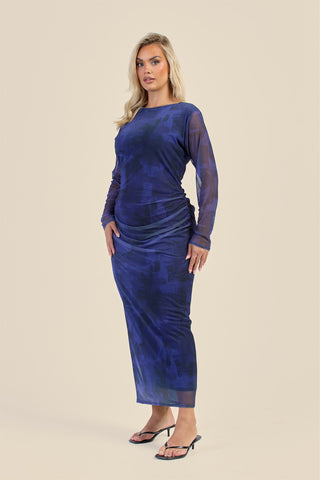Curve Navy Abstract Ruched Mesh Midaxi Dress