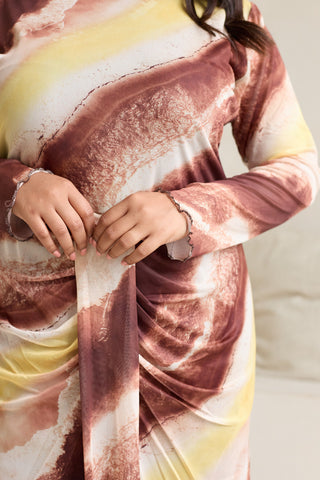 Curve Abstract Print Draped Front Long Sleeve Midi Dress