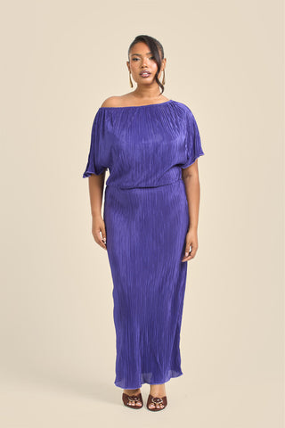 Plus Size Blue Plisse Midaxi Dress with Drop Shoulders