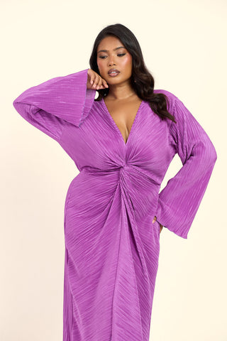 Curve Twist Front Flare Sleeve Plisse Midaxi Dress