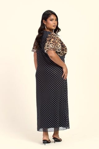 Curve Mixed Leopard And Polka Dot Print Flutter Sleeve V Neck Midi Dress