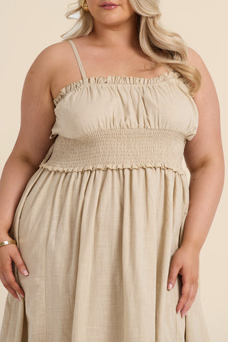 Curve Shirred Waist Linen Look Midi Dress