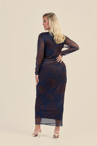 Curve Long Sleeve Ruched Midaxi Dress In Floral Print