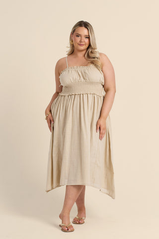 Curve Shirred Waist Linen Look Midi Dress