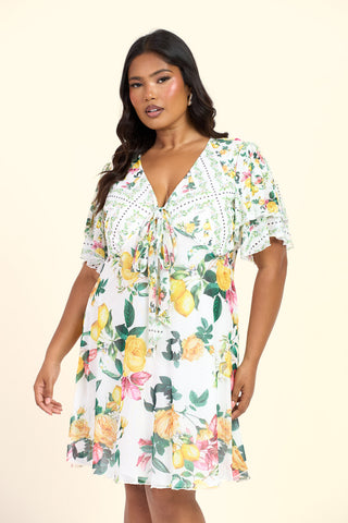 Curve Mixed Lemon Print Flutter Sleeve Mini Skater Dress