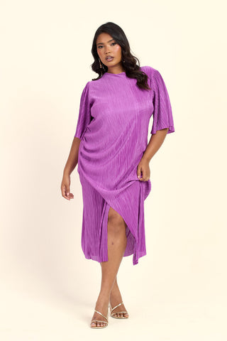 Curve Plisse Ruched Side Flutter Sleeve Midi Dress