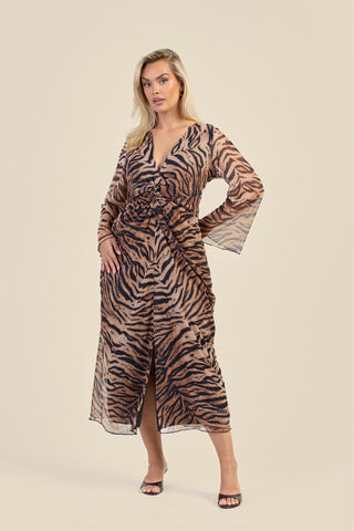 Curve Brown Tiger Print Twist Front Flare Sleeve Midaxi Dress
