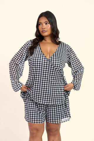 Curve Gingham Print Wrap Balloon Sleeve Mesh Blouse