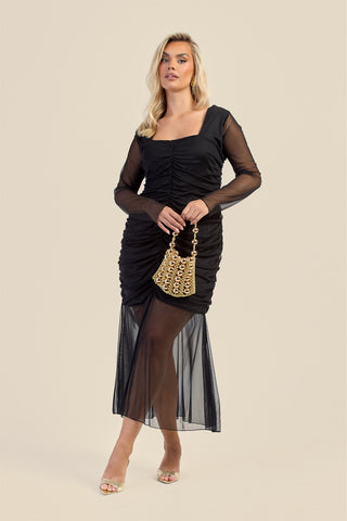 Curve Ruched Body Mesh Drop Hem Maxi Dress