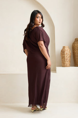 Curve Drop Shoulder Ruched Mesh Chocolate Midaxi Dress