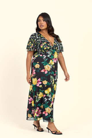 Curve Mixed Lemon Print Flutter Sleeve V Neck Midi Dress