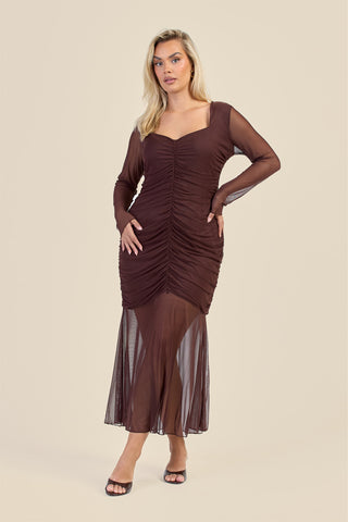 Curve Ruched Body Mesh Drop Hem Maxi Dress