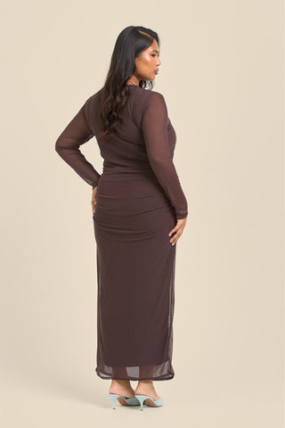 Curve long sleeve chocolate mesh midaxi dress