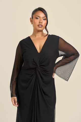 Curve Twist Front Flare Sleeve Black Mesh Midi Dress