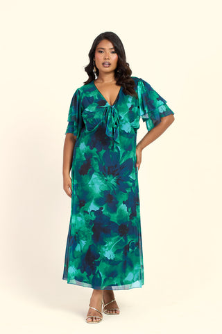 Curve Floral Green Abstract Tie Front Flutter Sleeve Midi Dress