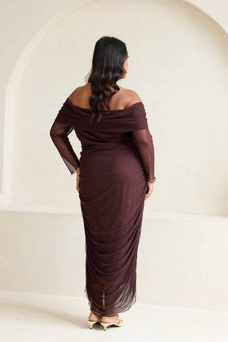 Curve Bardot Ruched Mesh Midaxi Dress