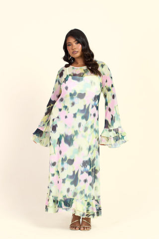 Curve Blurred Floral Round Neck Long Sleeve Ruffle Swing Midaxi Dress