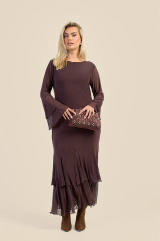 Curve Godet Skirt Flare Sleeve Mesh Maxi Dress